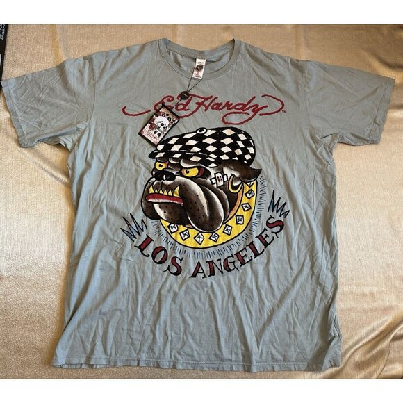 NEW Ed Hardy Deadstock PLUS T-SHIRT Gray Blue BULLDOG LOS ANGELES XXXXL 4XL - Picture 1 of 6